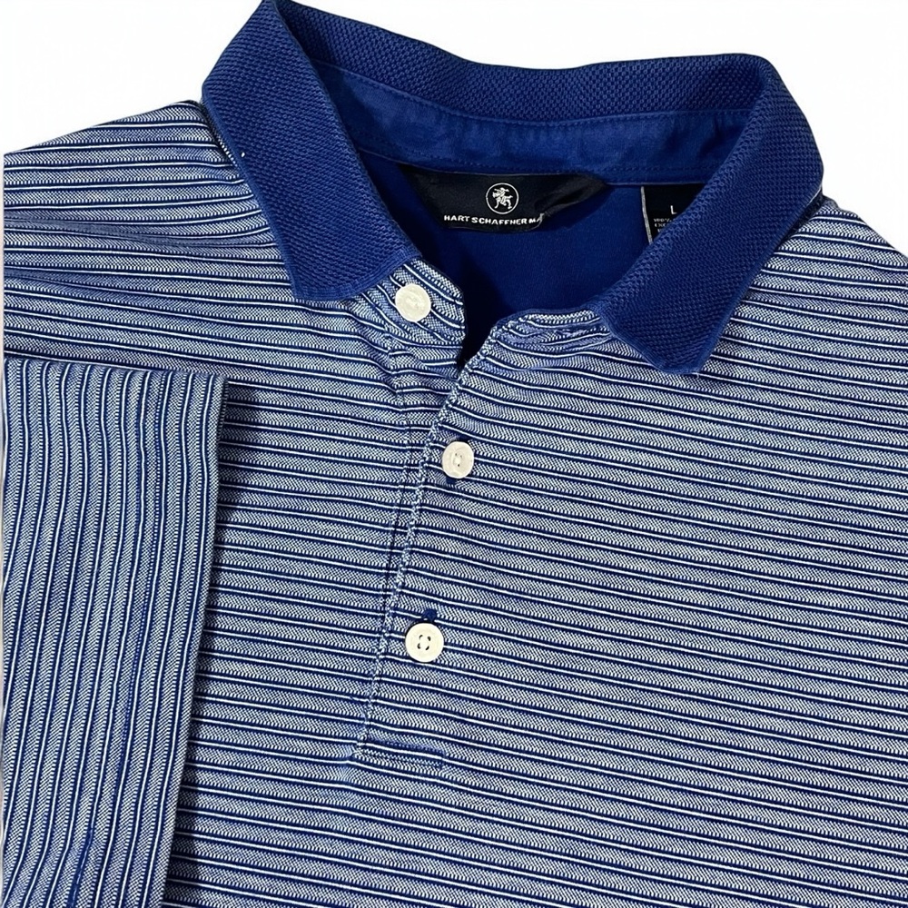 HART SCHAFFNER MARX Polo Shirt Men's Large Blue White Short Sleeve Golf Logo EUC